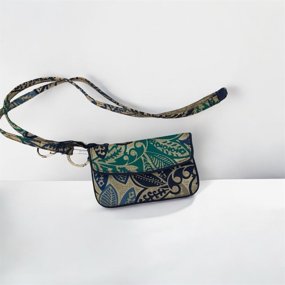 Vera Bradley Crossbody Lanyard ID Wallet Blue Leaf